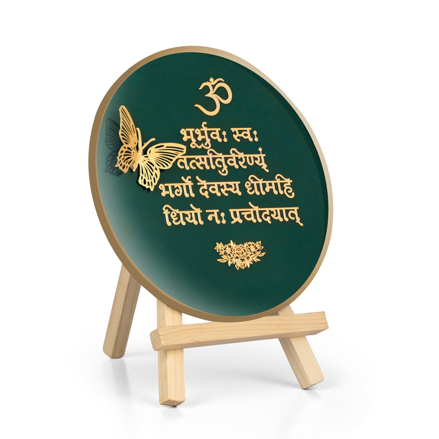 Gayatri Mantra Resin Art gold cutwork with A Type Pine Wood Easel Stand - Gifting, Decor Art for Home, Office, Yoga Studio